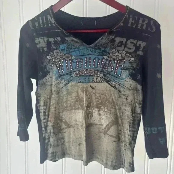 Wildhorse Long Sleeve Tee Rhinestones Vintage Western Print Y2K GLAM GRUNGE - Picture 1 of 6